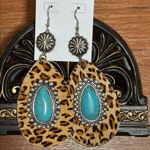 Leopard Print Earrings with Turquoise Silver Accent